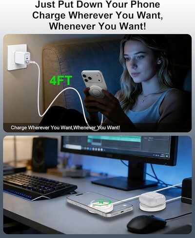 شاحن MagSafe، قاعدة شحن لاسلكية مغناطيسية بقدرة 15 وات لهواتف iPhone 17/17 Air/16 Pro Max/16 Plus/15/14/13/12، شاحن لاسلكي سريع لأجهزة AirPods Pro وUSB-C وUSB-A شاحن Apple Magsafe مع كتلة in Kuwait