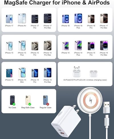 شاحن MagSafe، قاعدة شحن لاسلكية مغناطيسية بقدرة 15 وات لهواتف iPhone 17/17 Air/16 Pro Max/16 Plus/15/14/13/12، شاحن لاسلكي سريع لأجهزة AirPods Pro وUSB-C وUSB-A شاحن Apple Magsafe مع كتلة in Kuwait