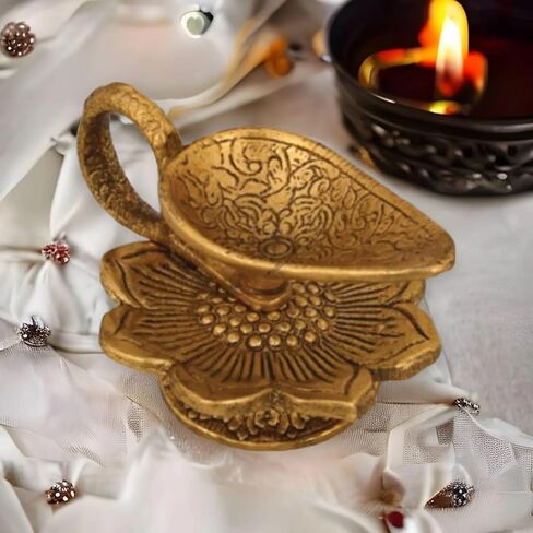 LoveNspire Lotus Brass Finish Diya Deepam Vilakku Samai Oil Lamps for Home Pooja Room Diwali Decor Mandir Temple Akhand Diya Indian Traditional Hindu Puja Religious Deepawali Housewarming Return Gifts in Saudi Arabia