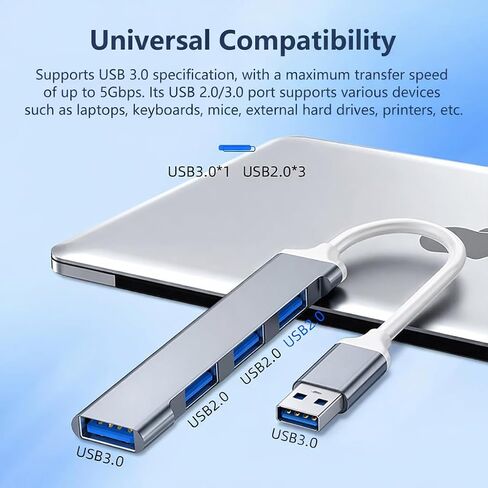 USB Hub 4 Port, USB A to USB3.0/2.0 Hub Adapter, Multiport Adapter for Laptop, Desktop, MacBook, Chromebook, and PC Expansion - Grey in Saudi Arabia