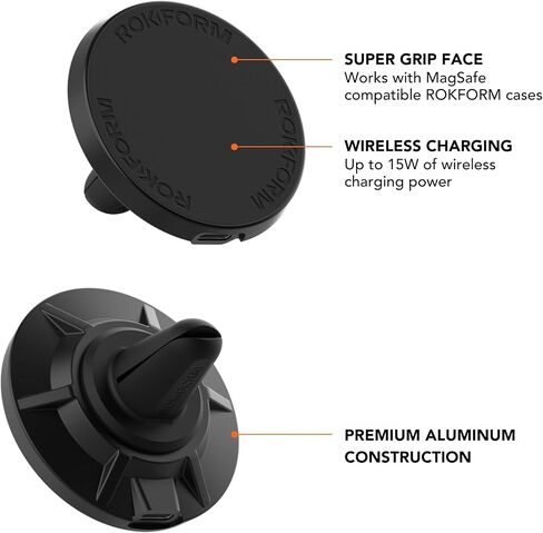 ROKFORM Wireless Car Charger, Magnetic Vent Mount, Compatible with Mag Safe Phone Cases, Super Grip Clip, USB-C to USB-C Cable Included (Black) in Saudi Arabia