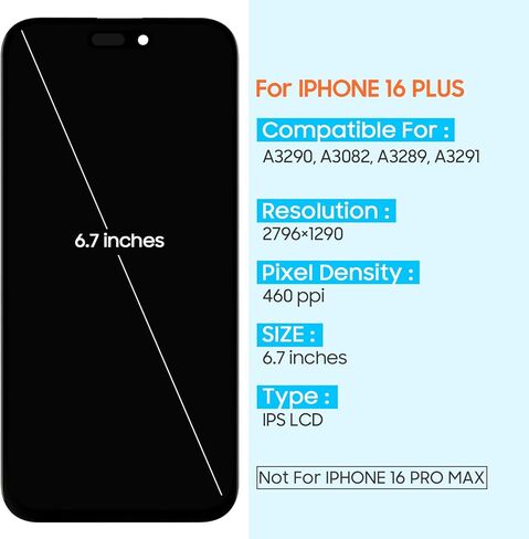 TFT for iPhone 16 Plus Screen Replacement - for iPhone16 Plus 5G LCD Display Touch Screen Digitizer Assembly with Repair Tools A3290, A3082, A3289, A3291 (Black) in Kuwait
