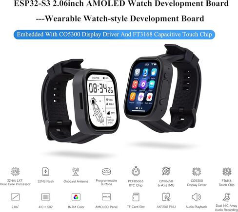 ESP32-S3 لوحة تطوير ساعة AMOLED تعمل باللمس مقاس 2.06 بوصة، مع شاشة ملونة 410 × 502 بكسل و16.7 مليون لون، تدعم شبكة Wi-Fi بتردد 2.4 جيجا هرتز وBLE 5، وتدعم التعرف على الصوت دون اتصال والتفاعل مع الكلام بالذكاء الاصطناعي in Kuwait