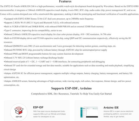 ESP32-S3 لوحة تطوير ساعة AMOLED تعمل باللمس مقاس 2.06 بوصة، مع شاشة ملونة 410 × 502 بكسل و16.7 مليون لون، تدعم شبكة Wi-Fi بتردد 2.4 جيجا هرتز وBLE 5، وتدعم التعرف على الصوت دون اتصال والتفاعل مع الكلام بالذكاء الاصطناعي in Kuwait