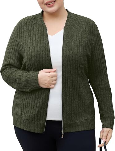 Plus Size Zip Up Sweaters for Women Casual Cardigan Sweater Long Sleeve Oversized Jacket with Pockets XL-5XL in Kuwait