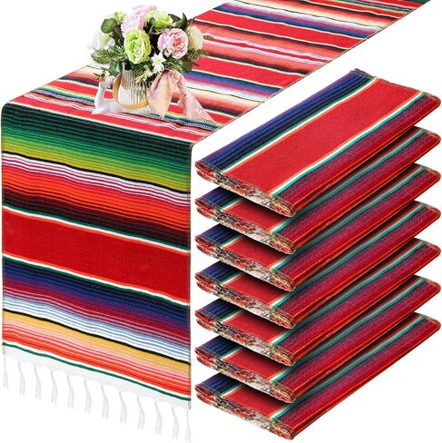 12 قطعة مفرش طاولة المكسيكي Serape مفرش طاولة الحفلات المكسيكية Serape ملون مخطط عداء هامش قطن ديكور مفرش الطاولة لحفلات Cinco De Mayo Fiesta مقاس 14 × 84 بوصة (النمط الكلاسيكي) in Kuwait