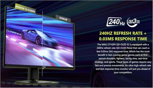 msi 27" QD-OLED Gaming Monitor | QHD(2560x1440), 240Hz, 0.03ms | AMD FreeSync Premium Pro | True Black HDR 400, 99% DCI-P3 | USB-C, Adjustable Ergonomic Stand in Saudi Arabia