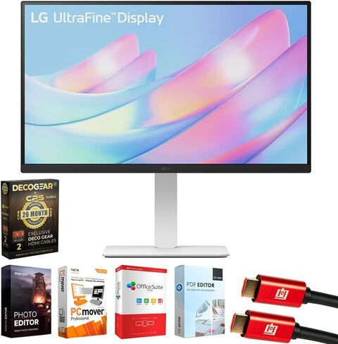 LG 27US550-W 27 بوصة 4K 3840x2160 UHD Ultrafine HDR10، IPS، تصميم بلا حدود، حزمة شاشة كمبيوتر مع Elite Suite 18، كابل HDMI 2X وحزمة حماية حصرية لمدة 26 شهرًا من Deco Gear CPS (BEACH-CPS-26M500) in Kuwait