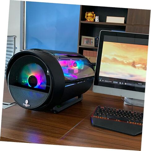 حقيبة كمبيوتر للألعاب مزودة بإضاءة RGB، حاوية مضيفة كمبيوتر مستديرة من الزجاج المقوى للوحة الأم Matx، هيكل سطح مكتب أسود مبرد بالماء مناسب للمنزل والمكتب in Saudi Arabia