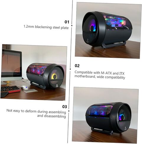 حقيبة كمبيوتر للألعاب مزودة بإضاءة RGB، حاوية مضيفة كمبيوتر مستديرة من الزجاج المقوى للوحة الأم Matx، هيكل سطح مكتب أسود مبرد بالماء مناسب للمنزل والمكتب in Saudi Arabia