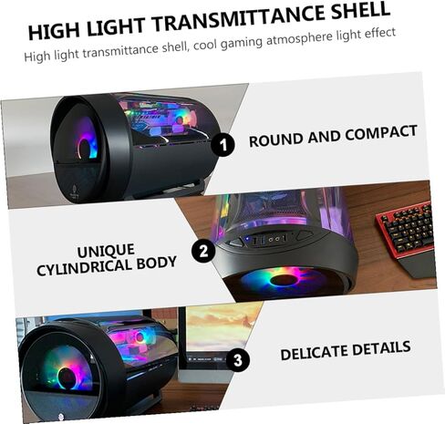 حقيبة كمبيوتر للألعاب مزودة بإضاءة RGB، حاوية مضيفة كمبيوتر مستديرة من الزجاج المقوى للوحة الأم Matx، هيكل سطح مكتب أسود مبرد بالماء مناسب للمنزل والمكتب in Saudi Arabia