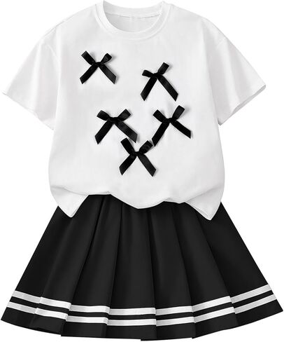 Girls 2 Piece Summer Outfits Cute Graphic Short Sleeve Tops and Pleated Skirt Set in Saudi Arabia