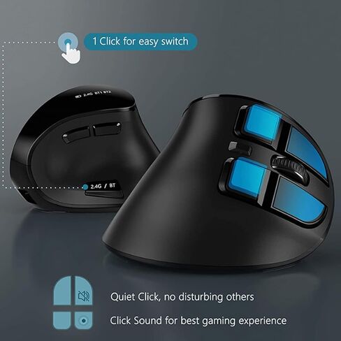 GOWENIC Vertical Ergonomic Optical Mouse, DPI 1000 1600 2400 BT / 2.4G Ergonomic Vertical Mouse Rechargeable Response Double Mode Multi Device Compatibility for Laptop Desktop Tablet in Kuwait