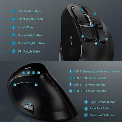 GOWENIC Vertical Ergonomic Optical Mouse, DPI 1000 1600 2400 BT / 2.4G Ergonomic Vertical Mouse Rechargeable Response Double Mode Multi Device Compatibility for Laptop Desktop Tablet in Kuwait