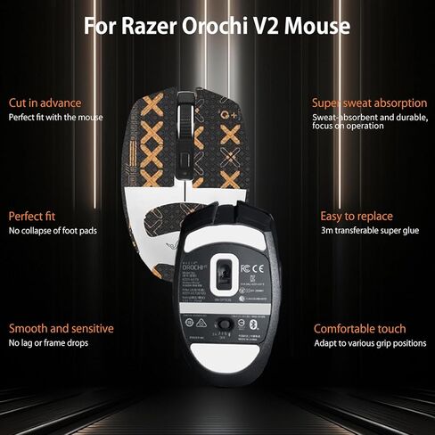 شريط قبضة الماوس لـ Razer Orochi V2، زلاجات قدم الماوس ذات حواف مستديرة منحنية، مجموعة ترقية الفئران الاحترافية ذاتية اللصق ومقاومة للعرق (وسادة قدم + شريط ماوس أسود وذهبي) in Kuwait