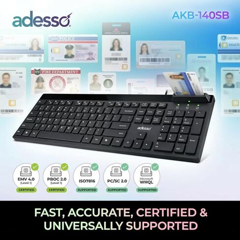 Adesso AKB-140SB Desktop Keyboard with Built-in Smart Card Reader 104-Key Full Size Low Profile Membrane USB Wired for Windows PC Secure Login Banking Healthcare Office in Saudi Arabia