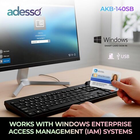 Adesso AKB-140SB Desktop Keyboard with Built-in Smart Card Reader 104-Key Full Size Low Profile Membrane USB Wired for Windows PC Secure Login Banking Healthcare Office in Saudi Arabia