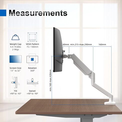 GRIFEMA GB2003W-1 Single Monitor Arm Desk Mount for 13" to 32" Screen, Gas Spring Single Monitor Stand, Weight 2-9KG, Height Adjustable VESA 75 & 100mm, White in Saudi Arabia