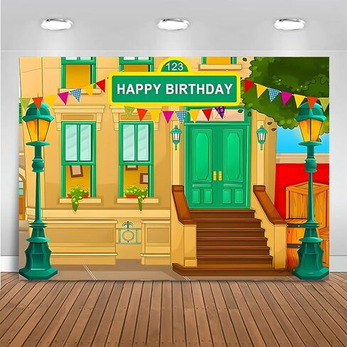 Photography Backdrop Happy Birthday Cartoon Street Theme Brick Wall Children's Party Baby Shower Decoration Photo Booth Props 5 x 3 Ft in Saudi Arabia