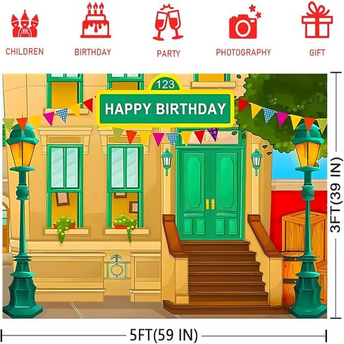 Photography Backdrop Happy Birthday Cartoon Street Theme Brick Wall Children's Party Baby Shower Decoration Photo Booth Props 5 x 3 Ft in Saudi Arabia