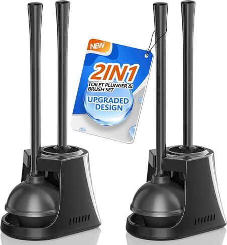 uptronic Toilet Plunger and Brush, Bowl Brush and Heavy Duty Toilet Plunger Set with Holder, 2-in-1 Bathroom Cleaning Combo with Modern Caddy Stand (Black, 2 Set) in Saudi Arabia