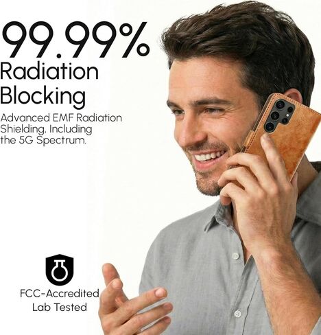 EMF Blocking Leather Phone Wallet Case for Samsung Galaxy S25, 99% Anti-Radiation Protection, RFID, EMF Cell Phone Cover, Removable Case, Card Holder & Stand, for Men & Women, Brown in Saudi Arabia