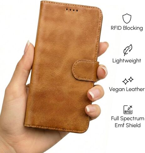 EMF Blocking Leather Phone Wallet Case for Samsung Galaxy S25, 99% Anti-Radiation Protection, RFID, EMF Cell Phone Cover, Removable Case, Card Holder & Stand, for Men & Women, Brown in Saudi Arabia