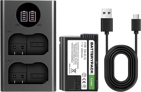 EN-EL15 Replacement Battery 2-Pack with LCD Dual Charger - 2800mAh Li-ion Battery for Nikon D850 D750 Z6II Z7II Z5 D500 D7500 D800 Z8 Zf D810 D800E D810A D600 D610 1 V1 DSLR & Mirrorless Cameras in Saudi Arabia