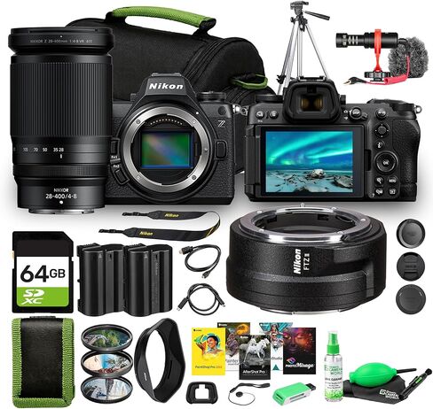 طقم كاميرا Nikon Z6 III FX بدون مرآة مقاس 28-400 مم VR 24.5 ميجابكسل 20 إطارًا في الثانية 6K حزمة فيديو مع ميكروفون مثبت على الكاميرا مدمج للغاية + محول تركيب FTZ II + طقم تنظيف + حامل ثلاثي القوائم + بطاقة ذاكرة سعة 64 جيجابايت in Saudi Arabia