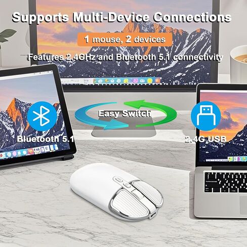 ماوس لاسلكي بلوتوث لطيف للغاية نحيف للغاية فأرة كمبيوتر صامتة مع جهاز استقبال USB ثنائي الوضع 2.4 جيجا بايت وبلوتوث ماوس USB محمول قابل لإعادة الشحن للكمبيوتر المحمول والكمبيوتر المكتبي والكمبيوتر اللوحي هدية للأطفال والكبار، أبيض in Kuwait