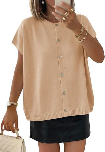 Saodimallsu Womens Oversized Cardigans Summer Short Sleeve Lightweight Knit Button Down Crew Neck Casual Sweater Tops in Saudi Arabia