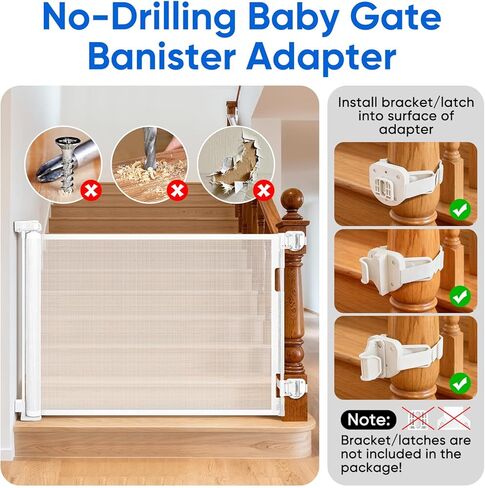 2Pcs Baby Gate Stair Railing Banister Adapter, Fits 1.9-4.72'' Diameter Universal Banisters, Wide Square/Round Railings No-Drilling Mounting Fittings for Retractable Gates, (White) in Saudi Arabia