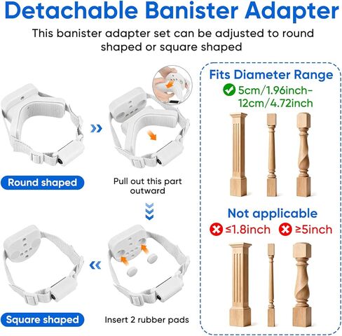 2Pcs Baby Gate Stair Railing Banister Adapter, Fits 1.9-4.72'' Diameter Universal Banisters, Wide Square/Round Railings No-Drilling Mounting Fittings for Retractable Gates, (White) in Saudi Arabia