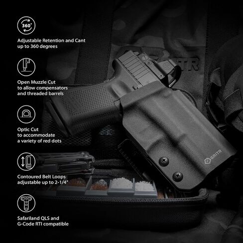 GRITR OWB Kydex Right/Left Hand Gun Holster Fits Glock 19 - Optic Cut, Compatible with Safariland QLS/G-Code RTI Attachments, Adjustable Belt Loops, Open Bottom, Adjustable Cant in Kuwait