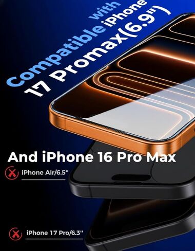 واقي شاشة من الزجاج المقوى لهاتف iPhone 17 Pro Max وiPhone 16 Pro Max (6.9 بوصة)، عالي الدقة مضاد للخدش، حماية من الضوء الأزرق والأشعة فوق البنفسجية، مضاد لبصمات الأصابع، سهل التركيب وخالي من الفقاعات، in Kuwait
