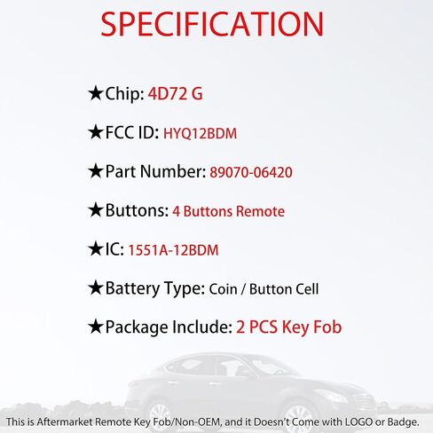 MechanMagic G Chip Key Fob استبدال يناسب Toyota Camry 2012 2013 2014 التحكم عن بعد للدخول بدون مفتاح معرف FCC: HYQ12BDM، PN: 89070-06420 (مجموعة من 2) in Kuwait