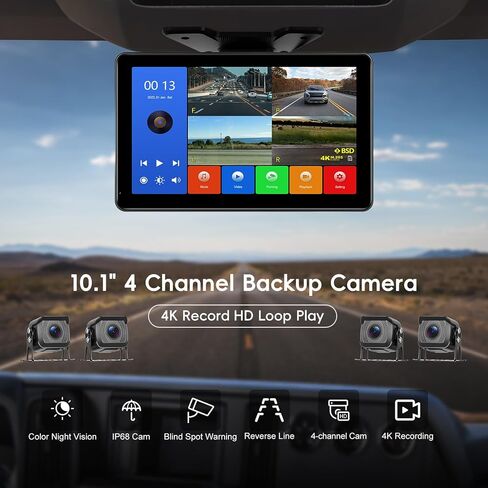 4 Cameras Wired Backup Camera System with 10.1Inch IPS Monitor for Truck RV Trailer Bus, Rear View Camera, with Side Front View Camera, 4 Split Screen, Super Waterproof, Night Vision, AHD1080P in Saudi Arabia