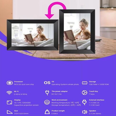 10.1 Inch WLAN Digital Picture Frame,1280x800 Touch Screen, Auto Rotate Digital Photo Frame, Built in 16GB Memory, Share Moments via APP from Anywhere (US Plug) in Saudi Arabia