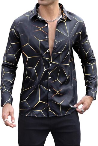 Men's Geometric Graphic Dress Shirts Long Sleeve Button Down Business Work Shirt Tops in Saudi Arabia