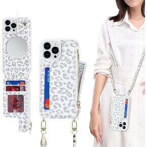 iPhone 12 Pro Max case with Credit Card Holder Phone Lanyard mag safe for Women, iPhone 12 Pro Max Phone Leather Case with Zipper Wallet Compatible Wallet Case-White Leopard in Kuwait