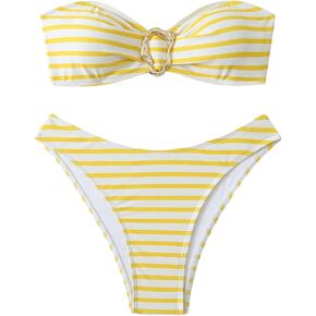 GORGLITTER Women's Striped Strapless Swimsuits Metal Bandeau Bikini Sets Cheeky Bottom Boho Bathing Suits in Saudi Arabia