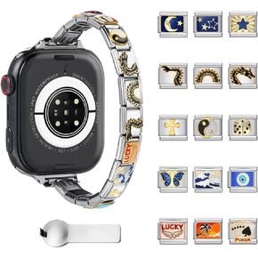 سوار إيطالي ساحر لساعة أبل للرجال والنساء، حزام ساعة من الفولاذ المقاوم للصدأ DIY متوافق مع سلسلة ساعات Apple 10/SE/9/8/7/6/5/4/3/2/1 (38~46 ملم)، يتضمن 15 قطعة سحرية وأداة in Kuwait