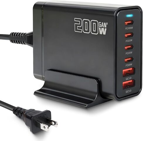 شاحن USB C بقوة 200 واط، محطة شحن GaN Ⅲ PD 100 واط بستة منافذ لأجهزة متعددة، شحن سريع للكمبيوتر المحمول المحمول، محول لأجهزة iPad iPhone 17 16 15 14 13 12، MacBook Pro Galaxy، سلك بطول 5 أقدام in Kuwait