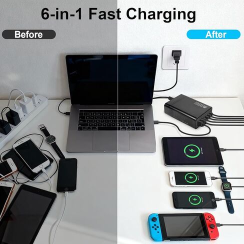 شاحن USB C بقوة 200 واط، محطة شحن GaN Ⅲ PD 100 واط بستة منافذ لأجهزة متعددة، شحن سريع للكمبيوتر المحمول المحمول، محول لأجهزة iPad iPhone 17 16 15 14 13 12، MacBook Pro Galaxy، سلك بطول 5 أقدام in Kuwait