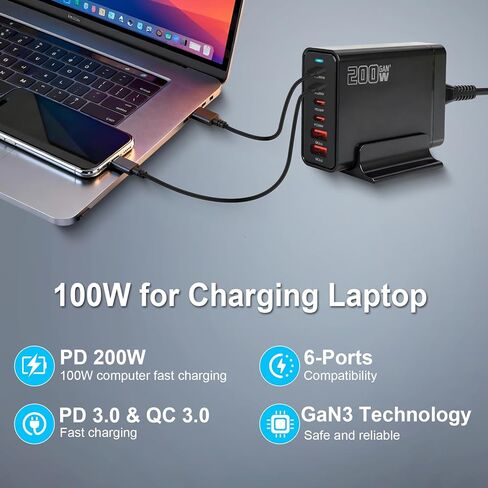 شاحن USB C بقوة 200 واط، محطة شحن GaN Ⅲ PD 100 واط بستة منافذ لأجهزة متعددة، شحن سريع للكمبيوتر المحمول المحمول، محول لأجهزة iPad iPhone 17 16 15 14 13 12، MacBook Pro Galaxy، سلك بطول 5 أقدام in Kuwait