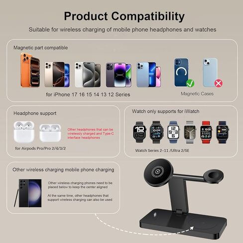 قاعدة شحن لاسلكية 4 في 1، شاحن لاسلكي سريع 15 وات لحامل شحن مغناطيسي Mag-Safe لهاتف iPhone 17 Pro Max/17 Air/16 Pro/16 Plus/15/14/13/12 mini، AirPods Pro، سلسلة ساعات Apple، أسود in Kuwait