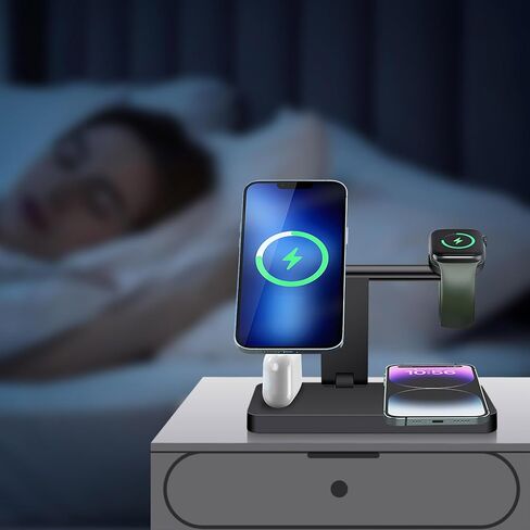 قاعدة شحن لاسلكية 4 في 1، شاحن لاسلكي سريع 15 وات لحامل شحن مغناطيسي Mag-Safe لهاتف iPhone 17 Pro Max/17 Air/16 Pro/16 Plus/15/14/13/12 mini، AirPods Pro، سلسلة ساعات Apple، أسود in Kuwait