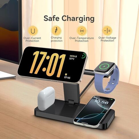 قاعدة شحن لاسلكية 4 في 1، شاحن لاسلكي سريع 15 وات لحامل شحن مغناطيسي Mag-Safe لهاتف iPhone 17 Pro Max/17 Air/16 Pro/16 Plus/15/14/13/12 mini، AirPods Pro، سلسلة ساعات Apple، أسود in Kuwait