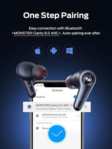 سماعات أذن لاسلكية Monster Clarity 8.0 Hybrid Active Noise Cancelling، سماعات أذن ANC داخل الأذن بقوة 42 ديسيبل مع 6 ميكروفونات، بلوتوث 5.2، وقت تشغيل 50 ساعة مع علبة شحن لاسلكية، أزرق in Kuwait