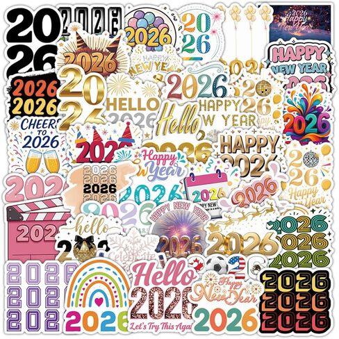 50 قطعة من ملصقات Happy New Year، ملصقات ليلة رأس السنة 2026 لهدايا الحفلات، والديكورات، ومستلزمات الاحتفال بالعد التنازلي، وهدايا إكسسوارات مهرجان العطلات للأطفال والكبار in Kuwait